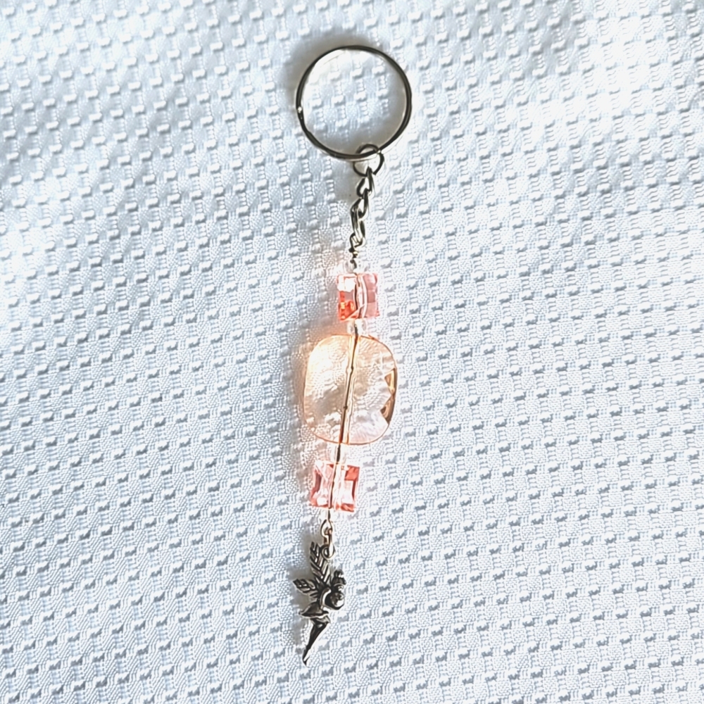 Hand Crafted Sparkling Fairy Charm Keychain with Pink-Peach Tone Beads